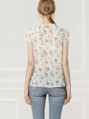 Ditsy Floral Print Chiffon Short Sleeve Ruffle Blouse