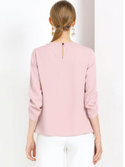 Office Keyhole Pleated Front Ruched 3/4 Sleeve Chiffon Blouse