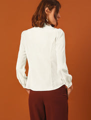 Peter Pan Collar Chiffon Bow Tie Neck Puff Sleeve Button Blouse