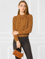 Bow Tie Neck Grid Checks Shirt Office Work Tops Blouse