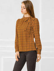 Bow Tie Neck Grid Checks Shirt Office Work Tops Blouse
