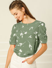 Floral Crew Neck Ruched Sleeve Casual Blouse
