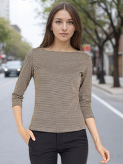 Work Office 3/4 Sleeve Boat Neck Houndstooth Printed Top Blouse