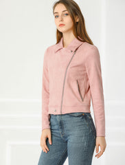 Casual Short Soft Zip Up Faux Suede Biker Moto Jacket