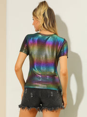 Party Metallic Textured Short Sleeve Shiny Multicolor Top