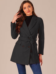 Notch Lapel Double Breasted Belted Mid Long Outwear Winter Coat
