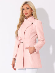 Classic Stand Collar Long Sleeve Belted Winter Coat