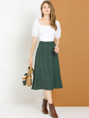 Floral Peasant Elastic Waist A-Line Ditsy Leave Midi Skirt