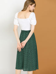 Floral Peasant Elastic Waist A-Line Ditsy Leave Midi Skirt