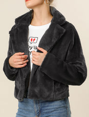 Allegra K Cropped Notch Lapel Faux Fur Fluffy Jacket