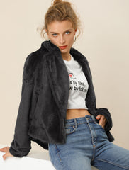 Allegra K Cropped Notch Lapel Faux Fur Fluffy Jacket