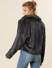 Allegra K Cropped Notch Lapel Faux Fur Fluffy Jacket