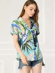 Hawaiian Tropical Leaves Floral Short Sleeve Button Down Shirt