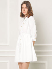 Ruched 3/4 Sleeve Button Up Casual Mini Shirt Dress