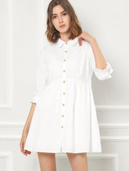 Ruched 3/4 Sleeve Button Up Casual Mini Shirt Dress