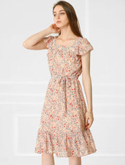 Floral Chiffon Flutter Sleeve Belted Square Neck Ruffled Hem Dress
