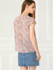 Ditsy Floral Print Chiffon Short Sleeve Ruffle Blouse