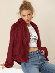 Allegra K Cropped Notch Lapel Faux Fur Fluffy Jacket