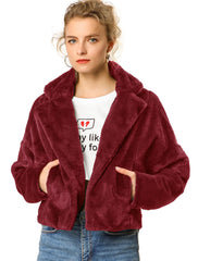 Allegra K Cropped Notch Lapel Faux Fur Fluffy Jacket