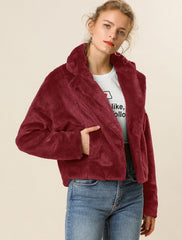 Allegra K Cropped Notch Lapel Faux Fur Fluffy Jacket