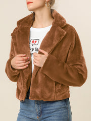 Allegra K Cropped Notch Lapel Faux Fur Fluffy Jacket