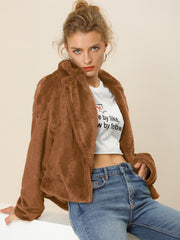 Allegra K Cropped Notch Lapel Faux Fur Fluffy Jacket