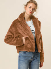 Allegra K Cropped Notch Lapel Faux Fur Fluffy Jacket
