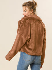 Allegra K Cropped Notch Lapel Faux Fur Fluffy Jacket