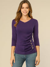 3/4 Sleeves V Neck Solid Knitted Button Decor Ruched Blouse