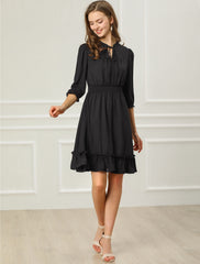 Ruffle Hem 3/4 Sleeve A-Line Smocked Midi Chiffon Dress