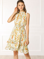 Floral A-line Smocked Waist Tiered Ruffled Chiffon Mini Dress