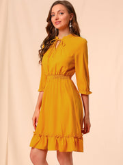 Ruffle Hem 3/4 Sleeve A-Line Smocked Midi Chiffon Dress