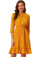 Ruffle Hem 3/4 Sleeve A-Line Smocked Midi Chiffon Dress