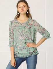 Casual Ruffle Floral Print 3/4 Sleeve Chiffon Blouse