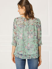 Casual Ruffle Floral Print 3/4 Sleeve Chiffon Blouse