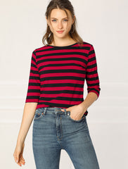 Striped 3/4 Sleeve Round Neck Casual T-Shirt