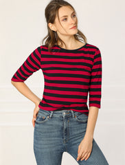 Striped 3/4 Sleeve Round Neck Casual T-Shirt
