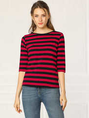 Striped 3/4 Sleeve Round Neck Casual T-Shirt