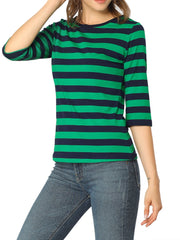 Striped 3/4 Sleeve Round Neck Casual T-Shirt