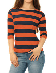 Striped 3/4 Sleeve Casual Basic Boat Neck T-shirt