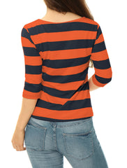 Striped 3/4 Sleeve Casual Basic Boat Neck T-shirt