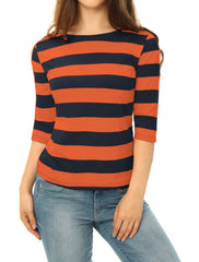 Striped 3/4 Sleeve Casual Basic Boat Neck T-shirt