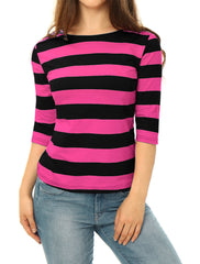 Striped 3/4 Sleeve Casual Basic Boat Neck T-shirt