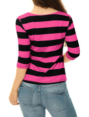 Striped 3/4 Sleeve Casual Basic Boat Neck T-shirt