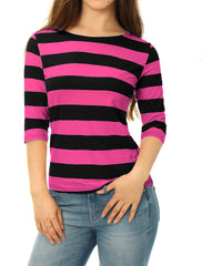 Striped 3/4 Sleeve Casual Basic Boat Neck T-shirt