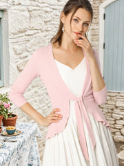 Women's Tie Front Knit Ruffled Long Sleeve Open Cardigan