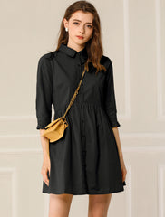 Ruched 3/4 Sleeve Button Up Casual Mini Shirt Dress