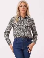 Button Down Floral Shirt Blouse Long Sleeve Point Collar Top