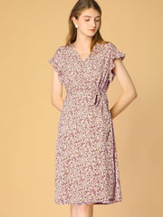 Ditsy Floral V Neck Ruffle Flutter Sleeve Midi Wrap Dress