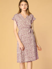 Ditsy Floral V Neck Ruffle Flutter Sleeve Midi Wrap Dress